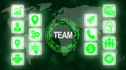 Animated icons illustrating teamwork and business strategies on abstract green background - Powered by Adobe