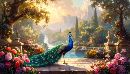 Peacock in a flowering garden oasis