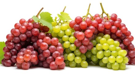 Bunches of red and green grapes with leaves, isolated on white background
