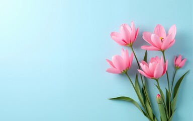 Naklejka premium Flat lay creative illustration concept of fresh field Spring flowers on pastel blue background. Beautiful pink bloomed flowers. Generative AI. High quality