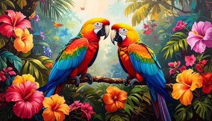 Obraz premium Two Macaws amidst tropical blooms