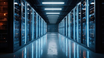 Fototapeta premium Illuminated Data Center with Blue Lights and Servers