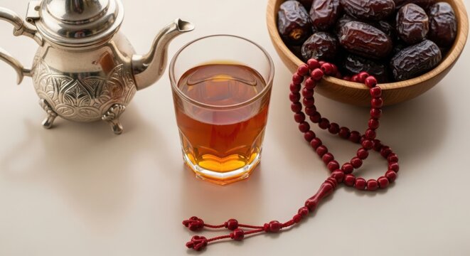 Traditional middle eastern refreshments dates tea and prayer beads for ramadan illustration