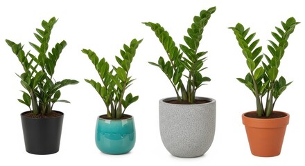Four potted zz plants with green leaves in different pots on a white background