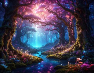 Fototapeta premium Enchanting forest scene with luminescent colors and a stream