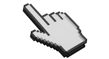 Isometric pixelated hand cursor pointing upwards in a digital, retro aesthetic