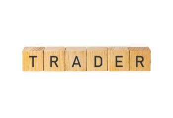 Wooden letter tiles spelling trader isolated on transparent background