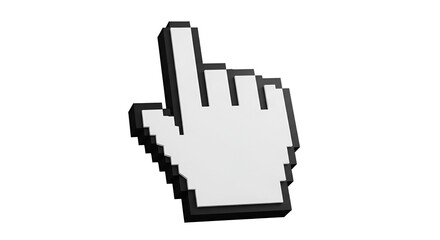 Isolated pixelated hand cursor on white background symbolizing digital interaction
