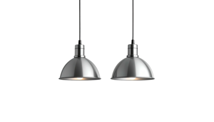 Two silver pendant lights shine brightly against a black backdrop