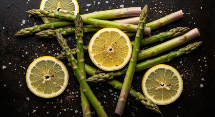 Fresh green asparagus spears with sliced lemons and coarse salt on a dark textured surface
