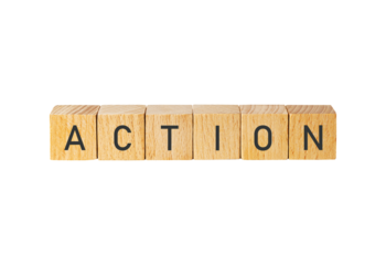 Wooden blocks spelling the word action isolated on transparent background