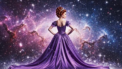 52_Back view of elegant beautiful princessn in purple evening dress posing for magazine illustration glamour Galaxy nebula space background Ai generated art_4K_10s 66270111 1