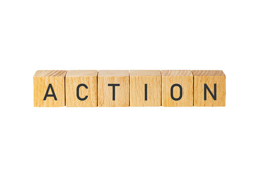 Wooden blocks spelling the word action isolated on transparent background