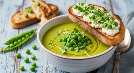 A vibrant bowl of creamy pea soup, garnished with fresh peas and microgreens, served with toasted bread topped with ricotta and greens