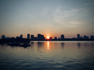 Cool-Tone Sunset Over City Lake (Modern Cinematic Color Grade) on West Lake in Hanoi, Vietnam