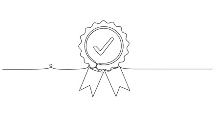One line continuous art of a badge with a checkmark, a symbol of quality assurance