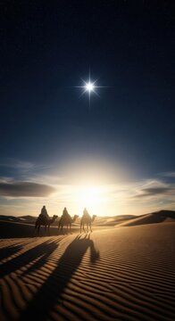 Silhouette of three magi on camels crossing desert sands under a bright guiding star at twilight