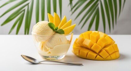 Delicious mango ice cream in a glass bowl with fresh mango slices and a spoon on a white table with palm leaves in the background
