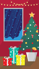 Vector illustration of a home interior decorated for Christmas with snow falling on the windowsill.