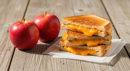 Melted cheese sandwich cut in half, stacked on white paper, next to two red apples on a rustic wooden table