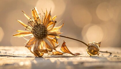 A dried flower's intricate details with soft, golden light backdrop
