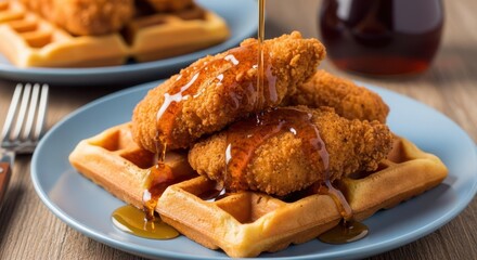 Crispy fried chicken tenders generously drizzled with golden syrup on a fluffy waffle
