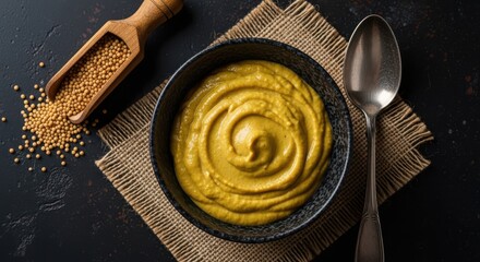 A bowl of yellow mustard with mustard seeds in a wooden scoop on a dark background