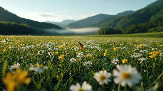 Lush meadow blanketed in wildflowers, butterflies flitting amidst a misty mountain backdrop
