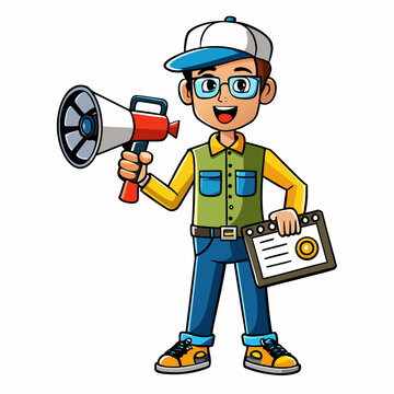 Cartoon Movie Director with Megaphone and Clipboard