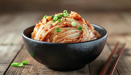 Delicious bowl of Korean kimchi, a fermented cabbage dish, garnished with green onions on a rustic wooden table with chopsticks