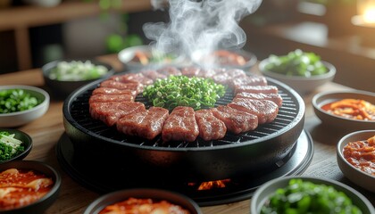 Sizzling Korean BBQ experience with succulent grilled meat on a tabletop grill surrounded by traditional side dishes