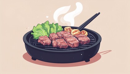 Appetizing grilled meat sizzling on a hot charcoal barbecue, accompanied by fresh green lettuce and roasted garlic, creating a delightful culinary experience
