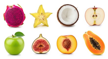 Collection of fresh exotic fruits including dragon fruit, star fruit, coconut, apple, fig, peach, and papaya