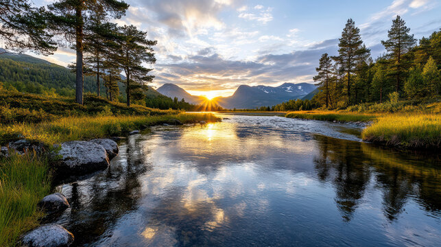 Sunset over tranquil river with reflections, surrounded by mountains and lush greenery - Powered by Adobe