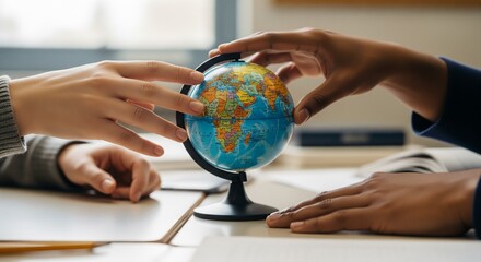 Diverse Hands Exploring a Miniature Globe Symbolizing Global Connection and Learning