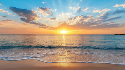 Obraz premium Breathtaking sunset over ocean with vibrant orange clouds reflecting on water surface