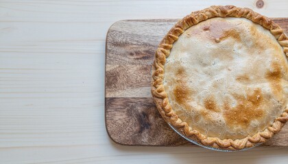 A delicious whole homemade pie with a flaky golden brown crust, viewed from above on a rustic wooden cutting board with copy space