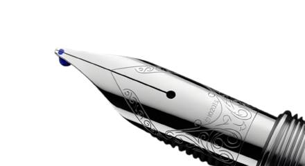 Fountain pen nib writing instrument close up macro silver luxury design calligraphy ink stationery detail on transparent background