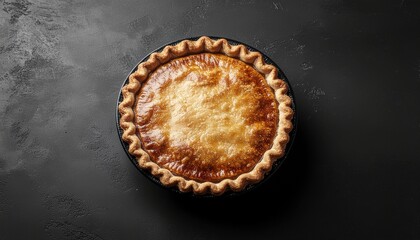 A perfectly baked homemade pie with a beautiful golden brown crust, viewed from the top down on a dark textured background