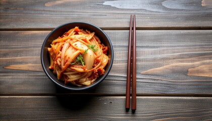 A bowl of traditional Korean kimchi, a spicy fermented cabbage dish, served with chopsticks on a rustic wooden table background