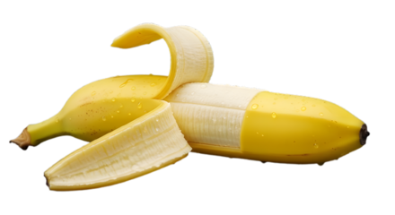 Banana fruit yellow peeled healthy food nutrition potassium vitamins snack diet tropical delicious sweet ripe on transparent background