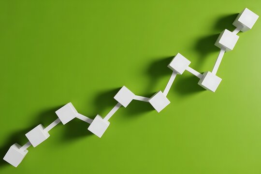 White cubes connected by white lines forming an upward trending graph on a green background chart data - Powered by Adobe