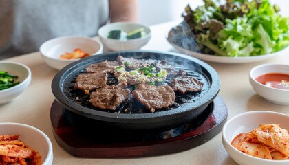 Korean BBQ Savoring Delicious Grilled Beef Bulgogi with Fresh Side Dishes and Lettuce Wraps