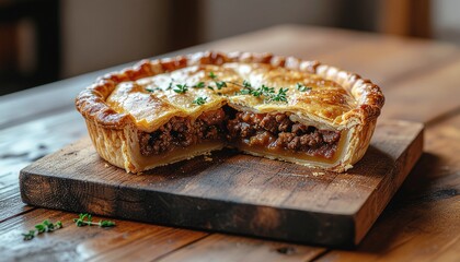 Golden-Crusted Savory Meat Pie, Perfectly Baked and Sliced, Revealing its Rich, Flavorful Filling on a Rustic Wooden Cutting Board – An Inviting Comfort Food Dish
