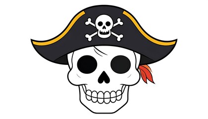 A stark white skull wearing a classic tri-corner hat adorned with a skull and crossbones symbol and a feather accent