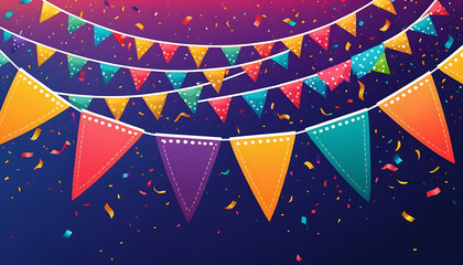 illustration of carnival festival banner with colorful bunting flags, festive celebration mood, bright gradient background