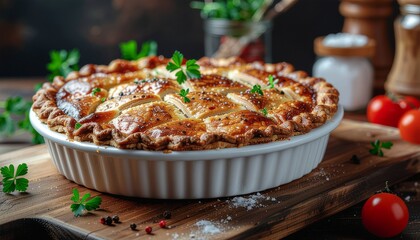 Delicious homemade savory pie with a golden, flaky crust, garnished with fresh herbs, presented on a rustic wooden board, perfect for a cozy meal or comforting dinner