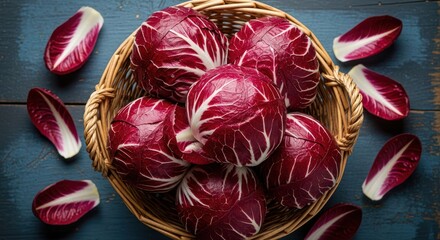 A woven basket filled with vibrant red radicchio heads and scattered leaves on a dark blue wooden surface, showcasing fresh produce