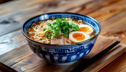Delicious Japanese Ramen Bowl with Noodles, Egg, and Scallions on a Wooden Surface