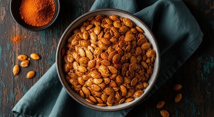 A bowl of roasted pumpkin seeds seasoned with paprika and spices, served on a dark wooden table with a blue cloth and scattered seeds